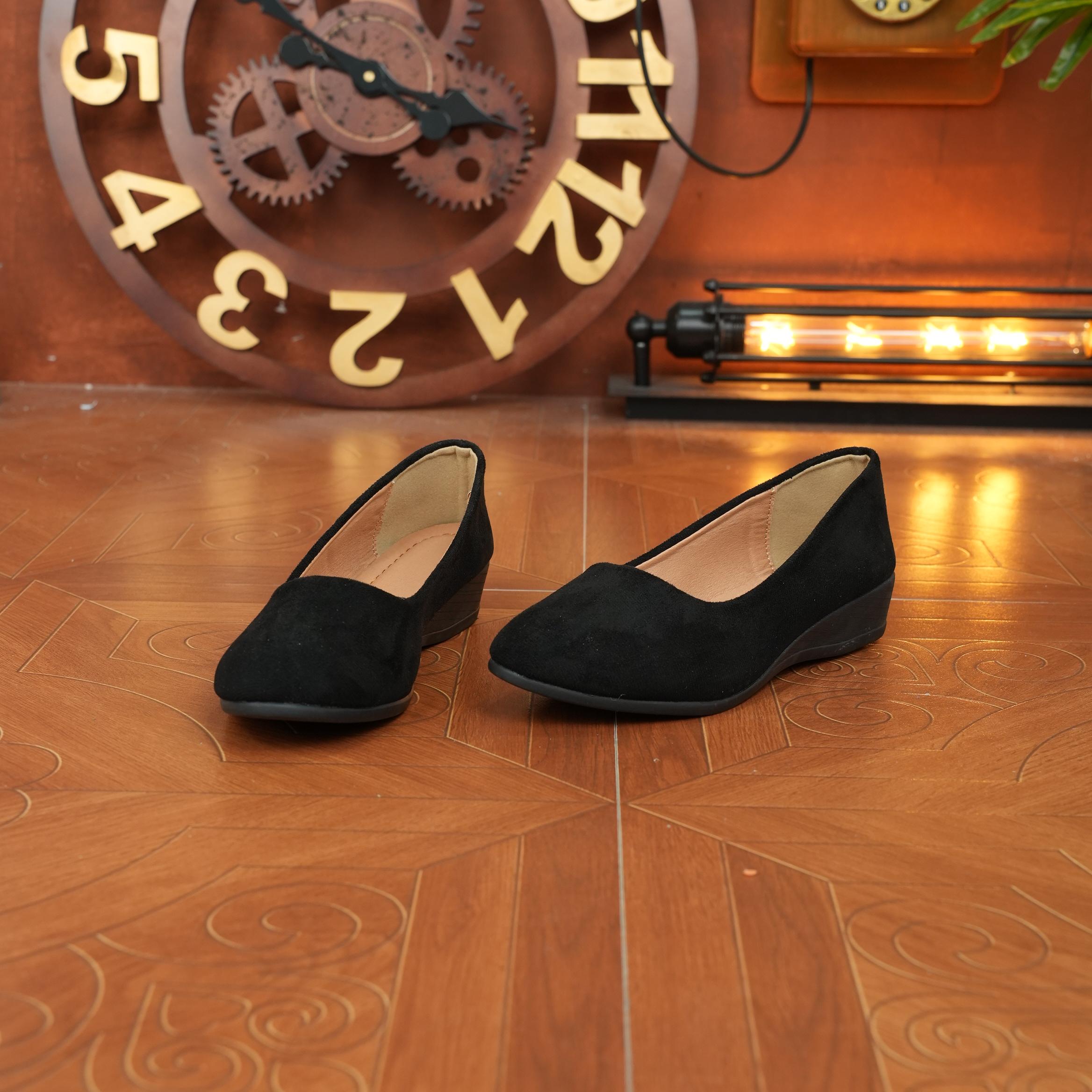 Women's Black Wedge Heels Work Shoes - Wide Fit Waterproof Rain Suede Pumps Round Toe Elegant Comfortable Insole Shallow Mouth Heeled Footwear Office Shoes for Women