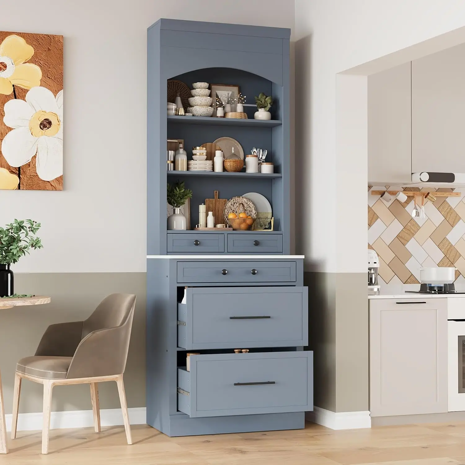 83.7Inch Tall Kitchen Pantry Cabinet, Freestanding Kitchen Pantry with Faux Marble Top, Corner Cabinet with 5 Storage Drawers and Adjustable Shelf, Gray
