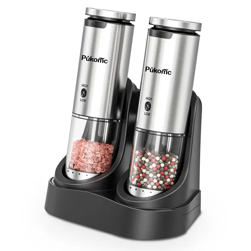 Pukomc Modern Eco-Friendly Stainless Steel 12-Grinders Electric Salt and Pepper Shaker Set - 6 Adjustable Coarseness, Rechargeable Base, LED Light, 1-Hand Operation, Detachable for Easy Cleaning, Kitchen & Dining Table Utensils with Accessories