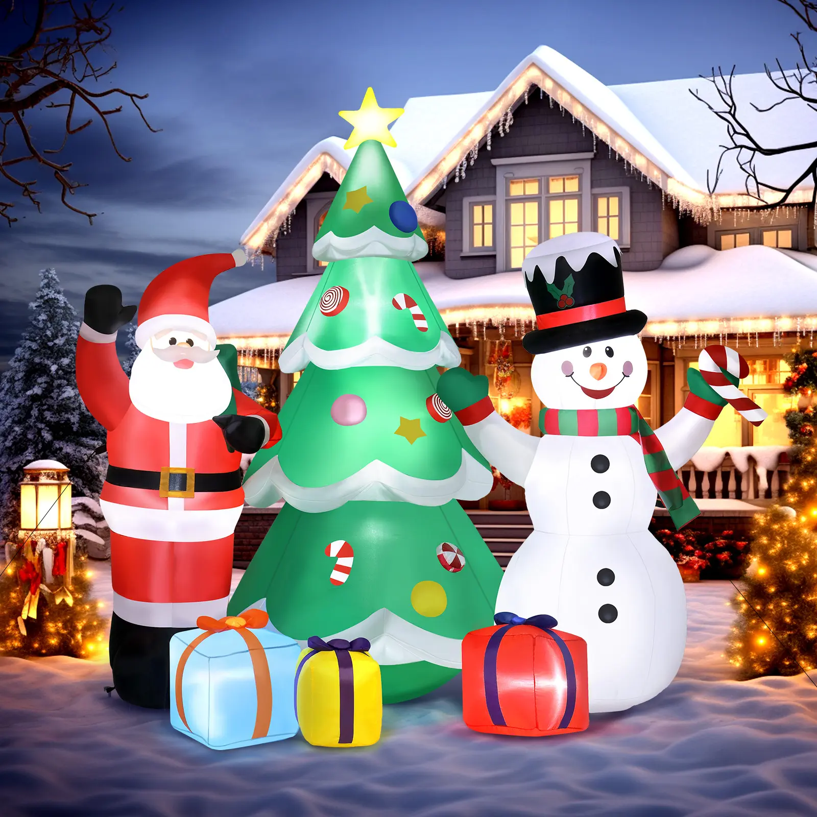 6ft LED-Lit Christmas Decor Inflatable Set - Snowman, Penguin, Polar Bear, Santa Claus, Tree - Outdoor Yard Decor with Built-in Blower, Stakes, Tethers for Porch, Lawn