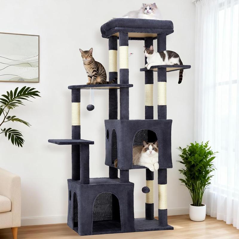 61" Large Cat Tree Tower for Indoor Cats, Heavy-Duty Multi-Level Cat Condo for Maine Coon & Big Cats with Extra-Large Perch, 2 Spacious Houses, Sisal Scratching Posts & Hanging Toys