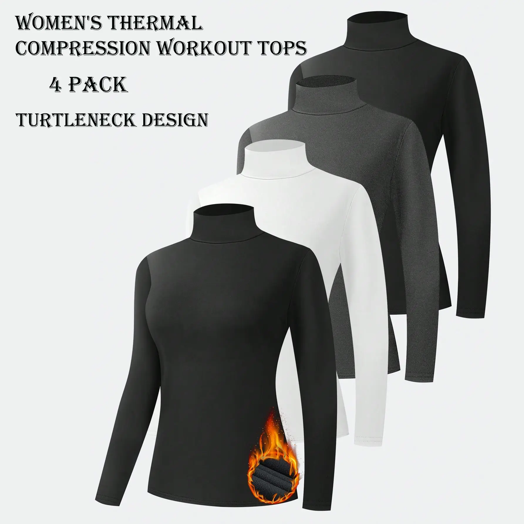 Women's 4-Pack Tight Knitting Fleece-Lined Thermal Long Sleeve Turtle Neck Base Layer Tops, Extra Coverage Quick Dry Compression Underwear for Skiing, Gym, Back to School Sports Activewear