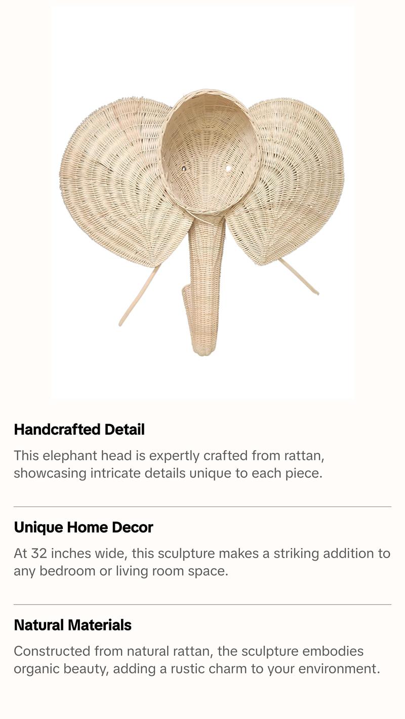 WorldBazzar HUGE Handmade 32" RATTAN ELEPHANT Wicker Head Wall Décor Home Trophy Animal Taxidermy Kids Room Sculpture