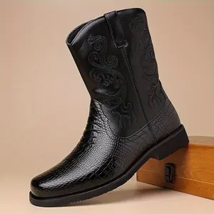 2025Men's High-Top Cowboy Boots - Durable Rubber Sole, Side Zipper Closure, All-Season Comfort, Pointed Toe Design, Upper, Solid Color for Casual & Formal Wear, Footwear, Stylish Snake Light Beige Texture, Textured Boot Head Shoe Walking Shoes/j*/d