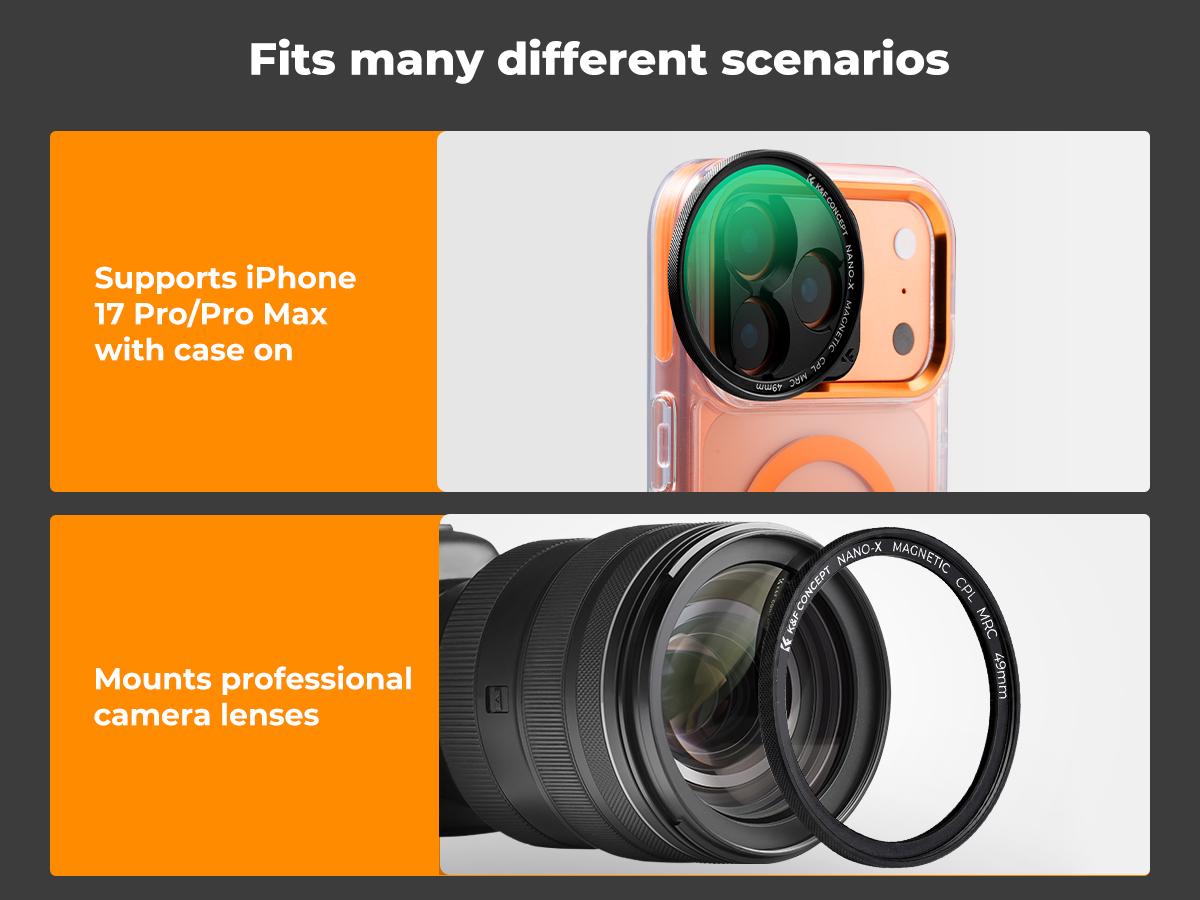 [K&F CONCEPT] Ultra Tiny Magnetic CPL Lens Filter for iPhone 17 16 15 Pro/ProMax，Mag Snap On Filter, convenience，Anti-Glare & Enhances Texture.uts the glare, reveals true texture