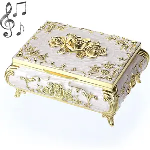 Vintage Music Box, Beige Metal Musical Jewelry Box Keepsake Box, Small Trinket Jewelry Storage Box Gift for Girl Women (Tune: You Are My Sunshine)