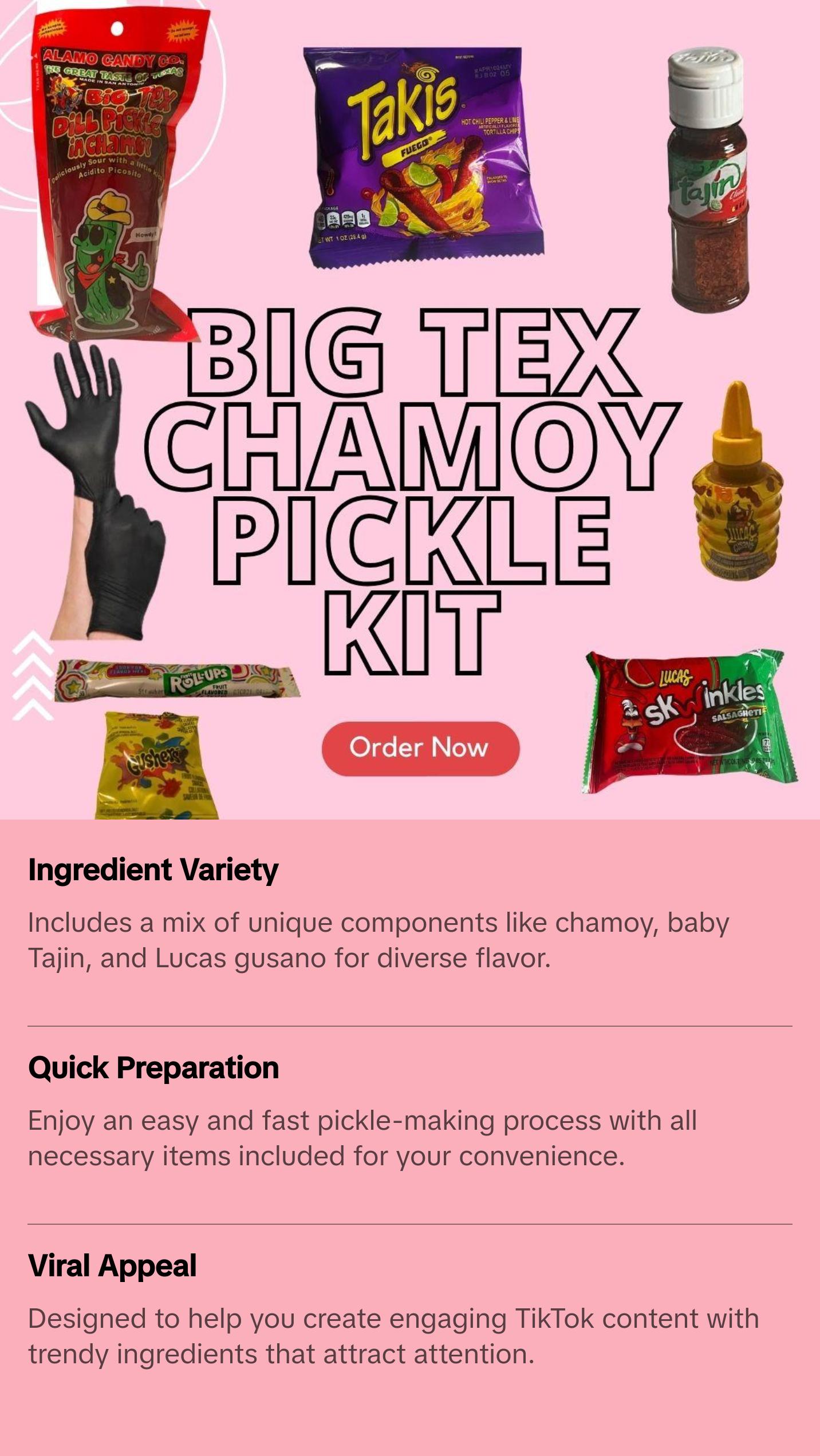Big Tex Chamoy Pickle Kit with Baby Tajin, Lucas Gusano, Skwinkles, Gushers, Fruit Roll Up, and Takis