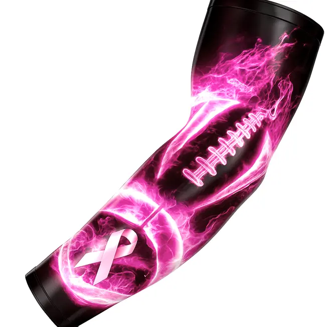 Sports Compression Arm Sleeve Pink Ribbon Cancer Awareness Football Flames
