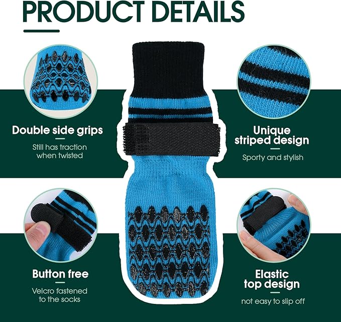 Kuoser Non Slip  Blue Dog Socks for Hardwood Floors, 4Pack Anti-Slip Dog Grippy Socks to Prevent Licking Paws, Dogs Booties Paw Protectors with Double-Sided Traction for Small Medium Large Senior Dogs