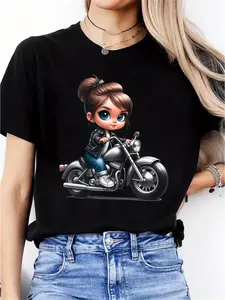 Women's Motorcycle Graphic T-Shirt - Edgy Cartoon Print, Soft Stretch Fabric, Round Neck Casual Tee for Casual Attire & Gifts (White), Gift Idea, Bold Design, Breathable Material, Stylish Top, Women