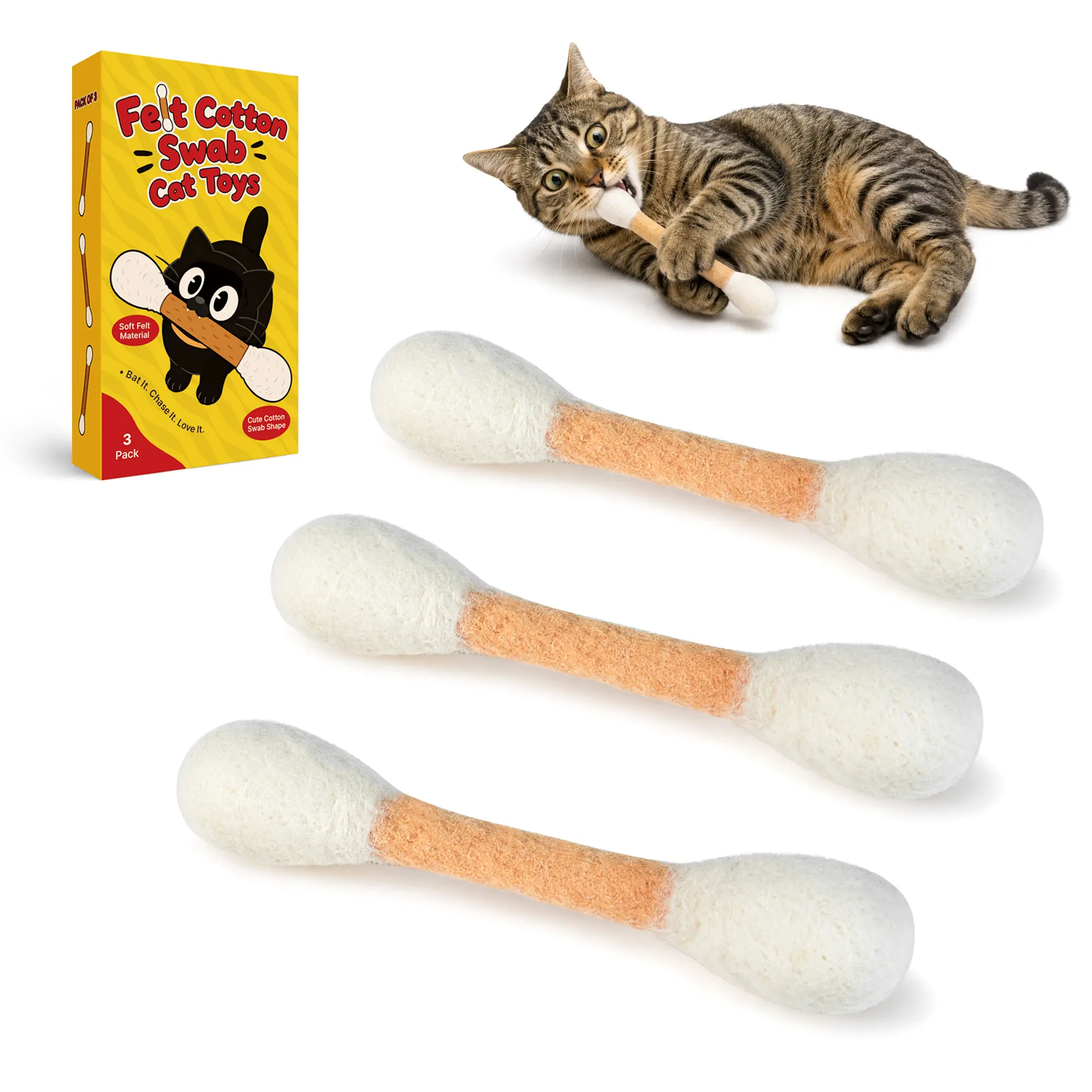 Potaroma 3 Pack Natural Felt Cotton Swab Cat Chew Toys with Natural Catnip, 5.7in, Soft Teething Pet Toys for Indoor Kittens & Adult Cats, Reusable Scent Storage Bag Included #backtoschool