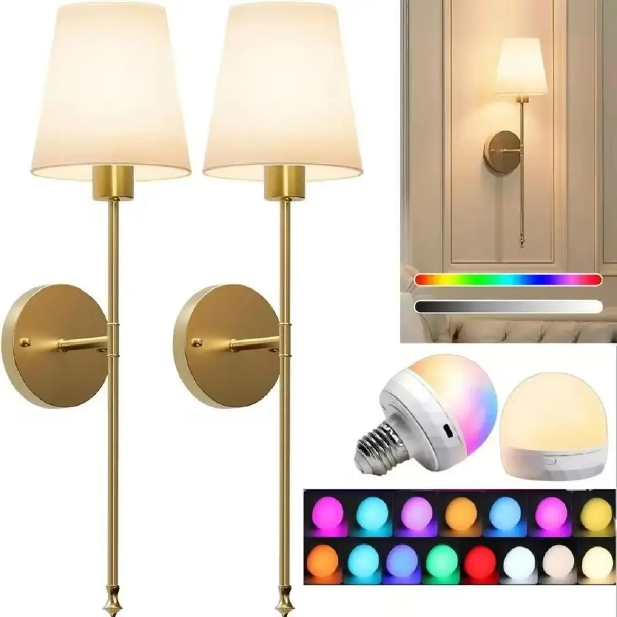 2-Pack Gold Rechargeable Cordless Battery-Powered RGB Wall Sconces - Remote-Controlled 15-Color Dimmable Decorative Lights, Easy Installation, Ideal for Bedroom, Living Room, Apartment, Dorm Home Decor