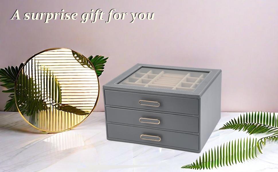 BOOVO 3-Tier Large Jewelry Box Organizer with Transparent Lid, Anti-Tarnish Velvet Lining Jewelry Case, High-End PU Leather Vanity Storage, Light Luxury Gift for Her