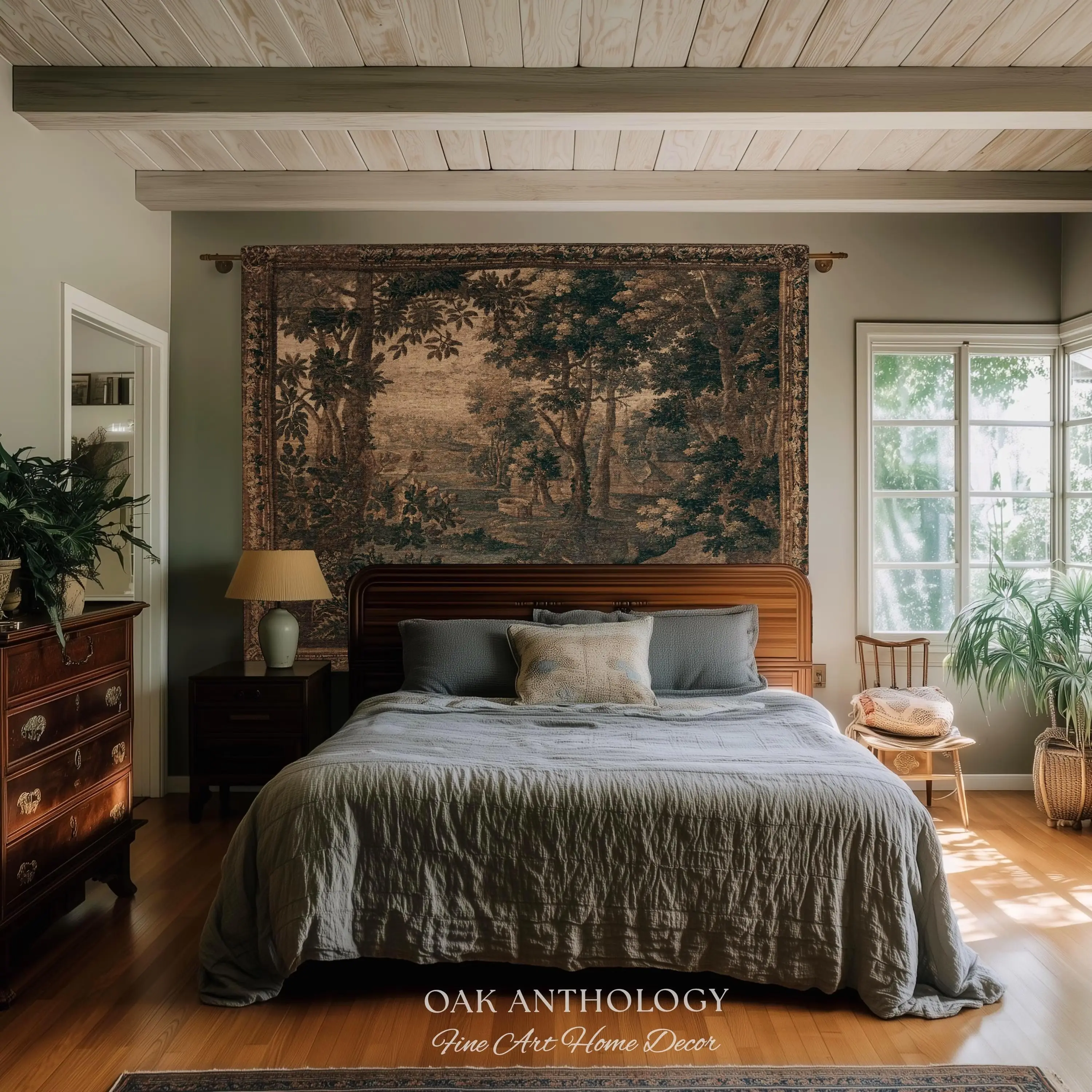 Sepia Forest Grove Landscape Tapestry Classic European Pastoral Scene | Rustic Heritage Baroque Verdure Woven Woodland Old World Wall Art
