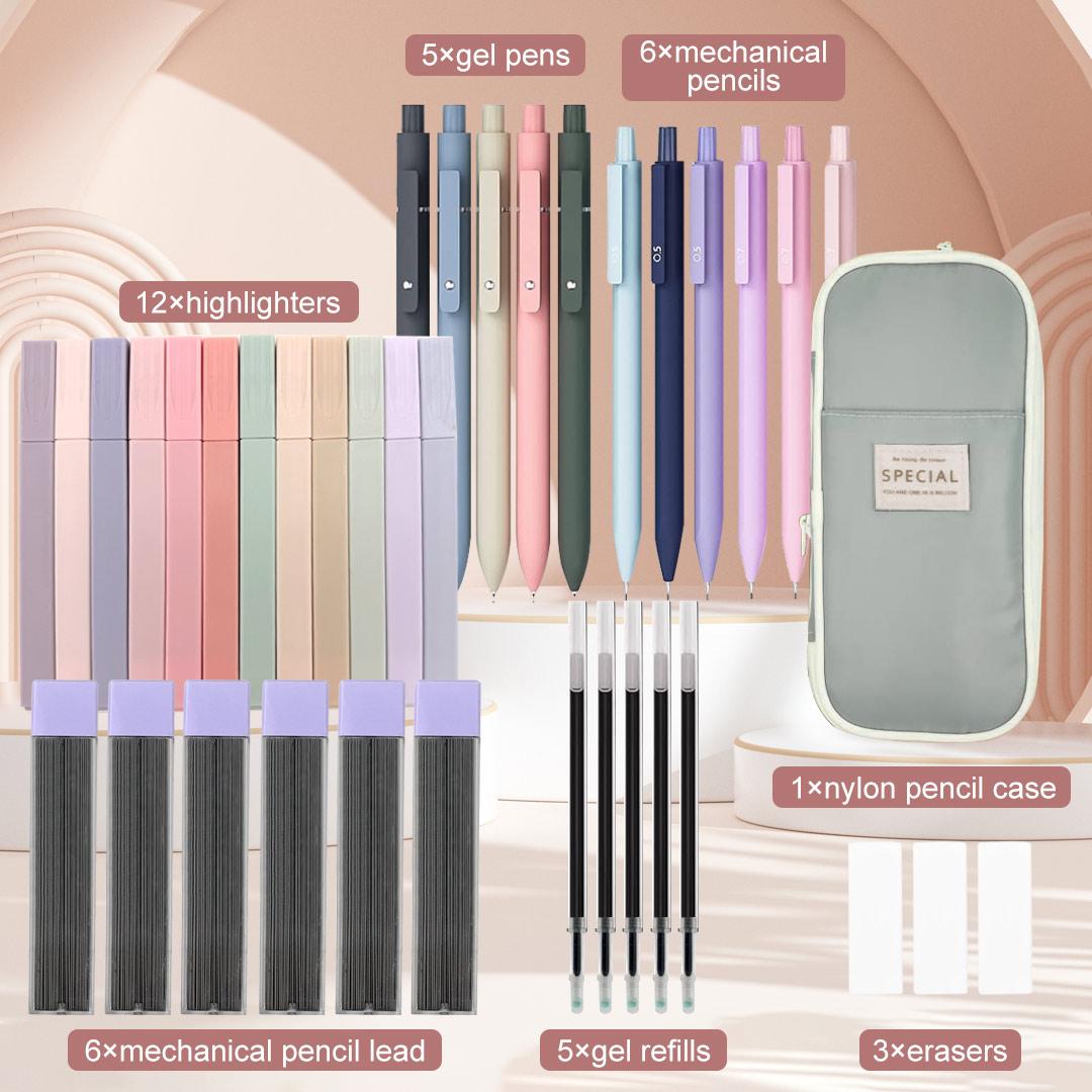 38 PCS Aesthetic School Supplies with Big Capacity Pen Case, 12 Color Pastel Highlighters, 5 Quick Dry Retractable Black Ink Pens, 6 Pastel Mechanical Pencil 0.5 & 0.7 mm for Student Stationary