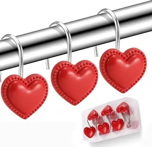 12 Pieces Heart Shaped Shower Curtain Hooks, Decorative Valentines Day Curtain Hooks,Stainless Steel Rust Resistant Curtain Rings, Red Graffiti