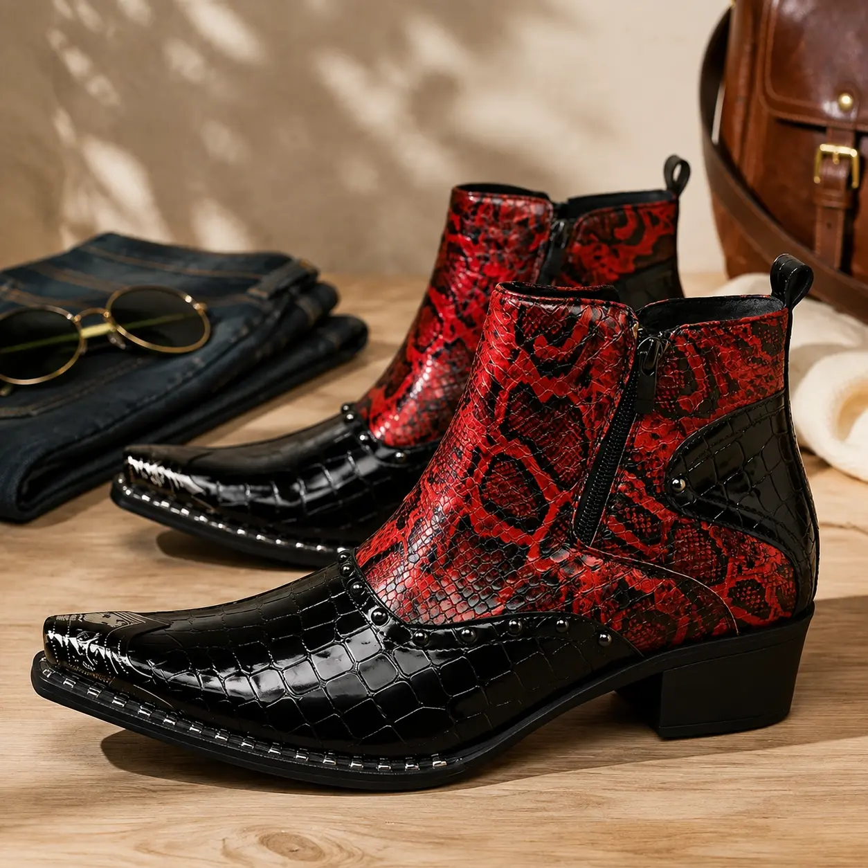 Men's Cowboy Boots Western Style Pointed Toe Fashion Combat Boots Glossy Crocodile Pattern Ankle Boots