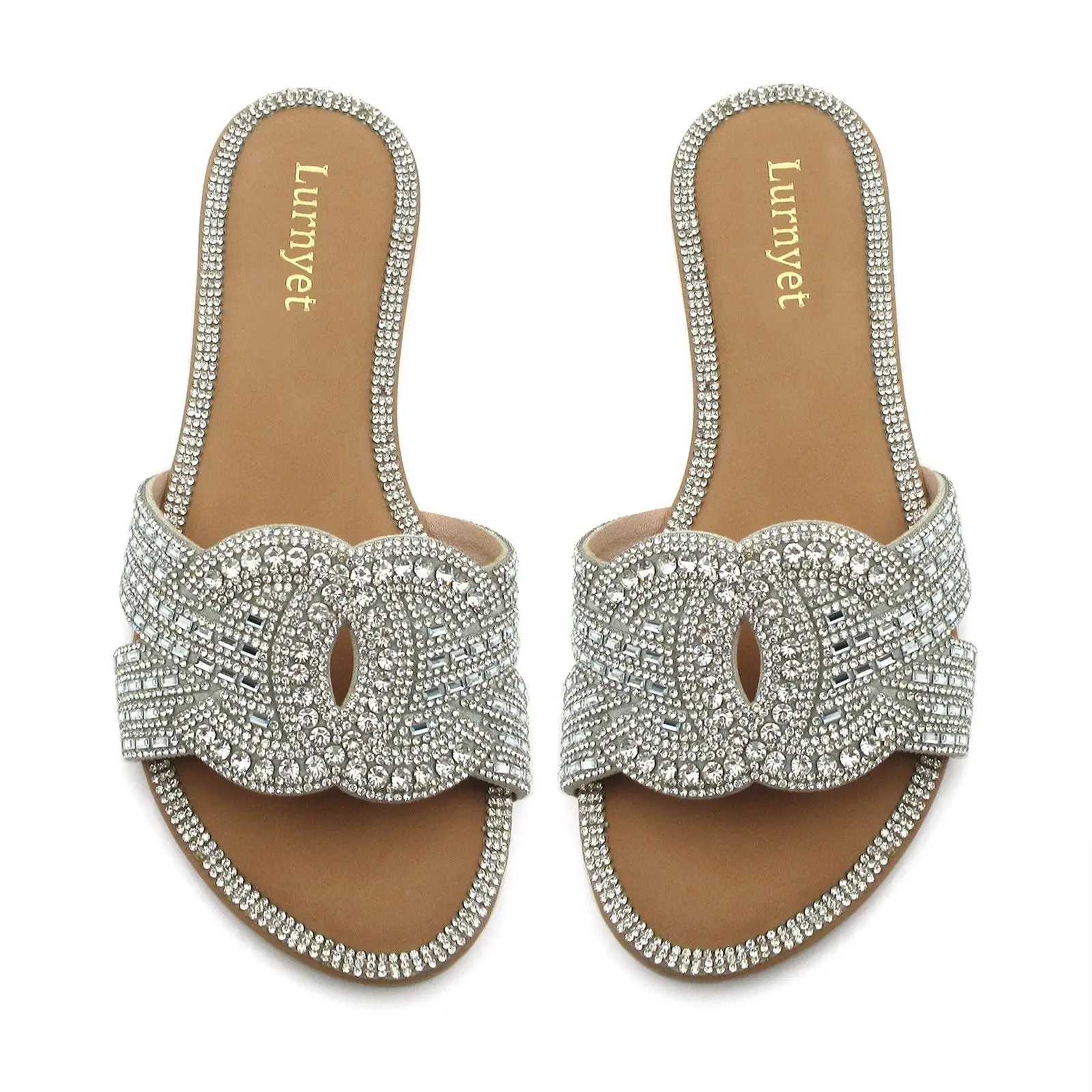 SILENTCARE Women's Elegant Glitter Rhinestone Padded Strap Lightweight Open Toe Flat Casual Slide Slippers - Padded Leather Strap, Rubber Sole, Cute Slip-On Shoe for Beach Vacations, Daily Wear