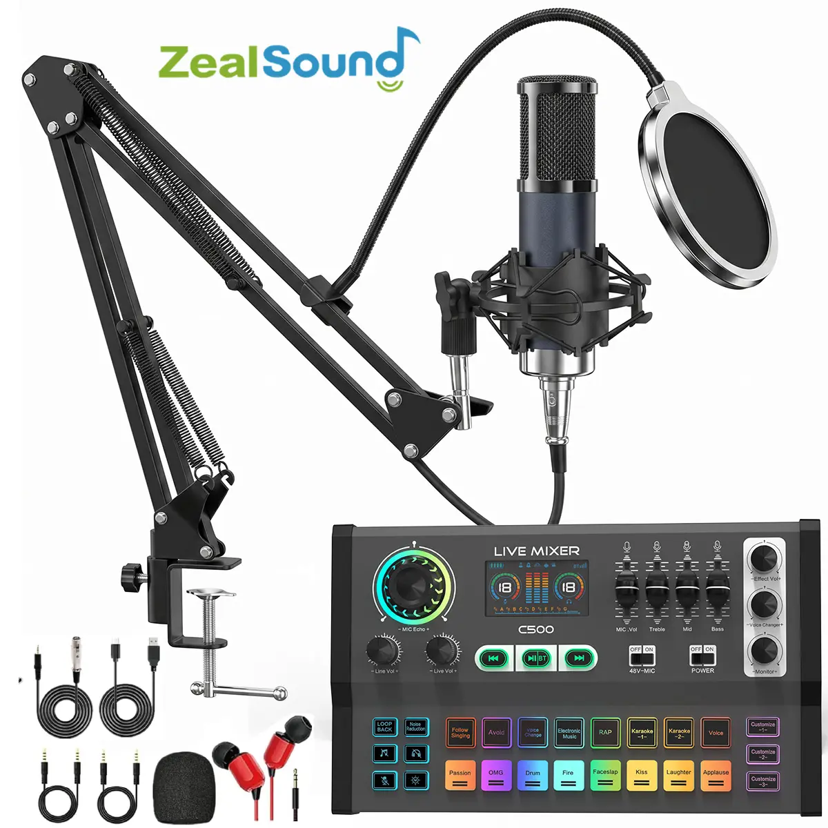 ZealSound C500 Professional Podcast Equipment Bundle, 48V Condenser microphone and Sound Card with Voice Changer, Recording Studio - Podcast Microphone Set for phones/iphone/ipad/camera/Laptop, Streaming/Live Broadcast/YouTube Recording Live Broadcasting