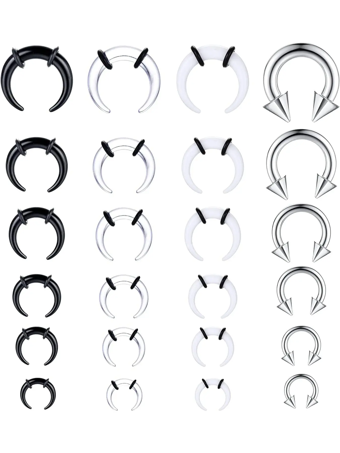 24Pcs Acrylic Pincher Tapers Hypoallergenic Septum Rings C Shape Horseshoe Circular Nose Rings Buffalo Stretcher Expander with Black O-Rings for Stretching Pierced Nose Ear Cartilage for Women Men Nose Jewelry