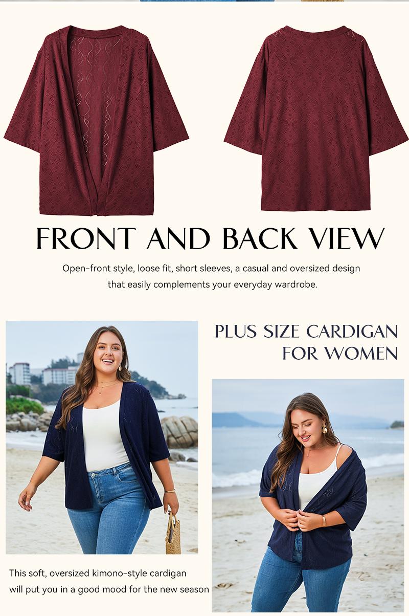 Eytino Plus Size Cardigan for Women Half Sleeve Knitted Jacquard Summer Kimono Cover up Tops(1X-5X)