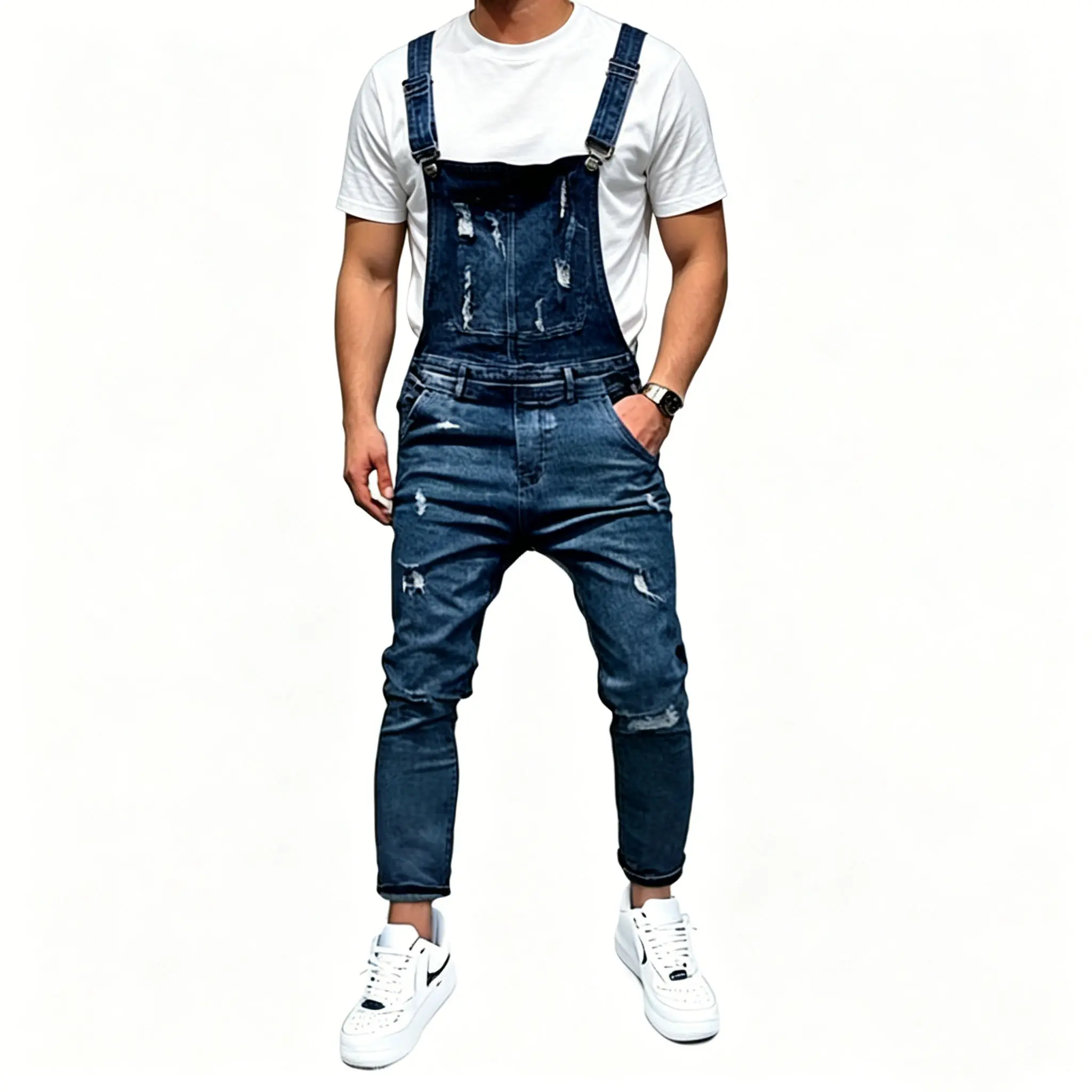 Men's Denim Bib Coveralls - Jean Overalls, Plain Casual Skinny Fit Jumpsuit with Multi-Pockets, Adjustable Menswear