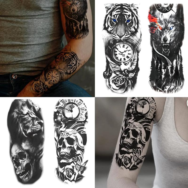 72 Sheets Temporary Tattoo for Men Women Adults, Include 12 Sheets Black 3D Half Sleeve Temporary Tattoos, Halloween Tattoos Scary Lion Wolf Tiger Skull Skeleton Tattoos Stickers