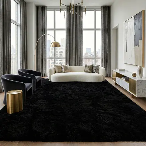 【Moving Season】PLUMLIK Black Fluffy SoftArea Rugs for Bedroom,Christmas Gifts ideas,Rugs for Room Men, UltraSoft Fluffy Big Carpets forBedroom, Modern Thicksilky furry Rug for Fall Decor Aesthetic, UpgradeNon-Slip backing,Cozy Fall Home Decor