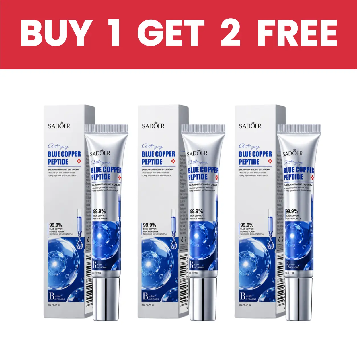 【BUY 1 GET 2 FREE】Anti-Aging Eye Cream Formulated with Blue Copper Peptide and Hyaluronic Acid, Deeply Moisturizing & Nourishing, Firming & Wrinkle-Smoothing, Fragrance-Free, 20 g Daily Eye Cream for All Skin Types, Men & Women, Cruelty-Free