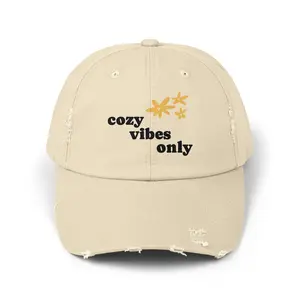 Cozy Vibes Distressed Cap, Unisex Vintage Hat, Everyday Casual Headwear, Perfect for Relaxed Outings, Gift for Friends