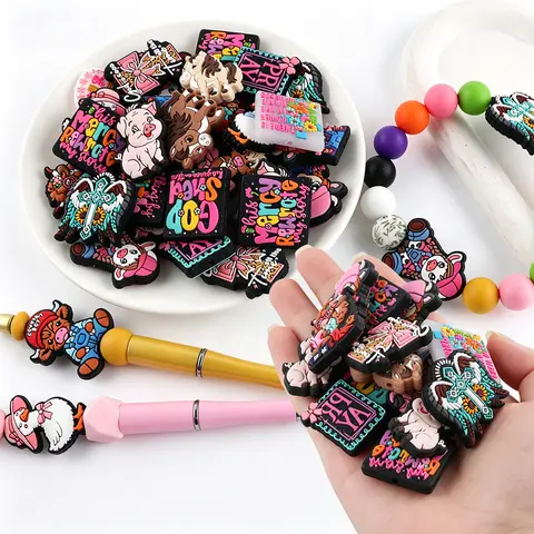 20Pcs/Box Festive Themes Silicone Focal Beads - Halloween & Christmas Cartoon Farm Animals (Horses, Pigs, Geese, Cows), Crosses, Beading Supplies, Beads Accessories for Beaded Pen, Bag Chain DIY Crafts