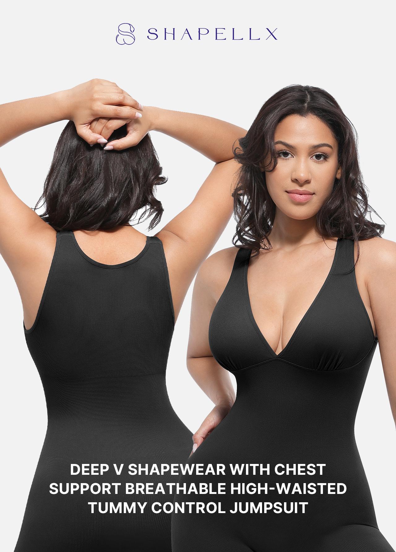 Shapellx Deep V Shapewear with Chest Support Breathable High-Waisted Tummy Control Basic Jumpsuit