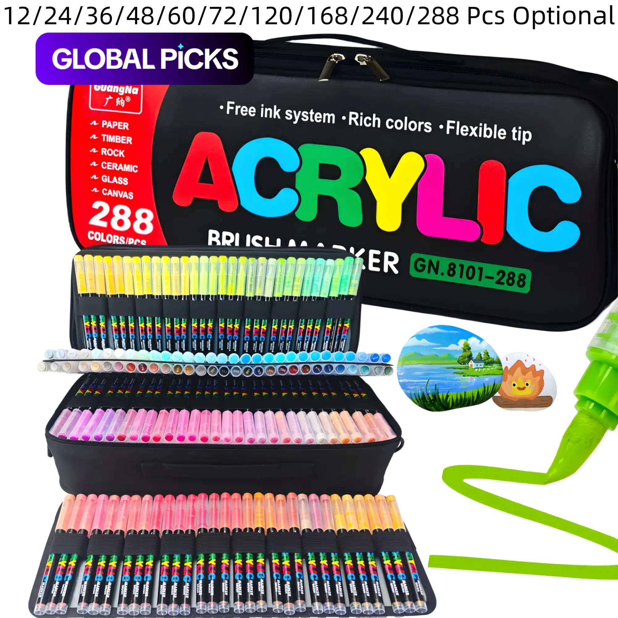 Guangna Automatic Ink Control Acrylic Paint Markers, Brush Tip Paint Pens, Liquid Acrylic Markers for Wood, Rock, Glass, Canvas, Stone, Fabric, Metal and Ceramic, DIY Crafts Drawing Art Supplies and Gifts #GLOBAL PICKS