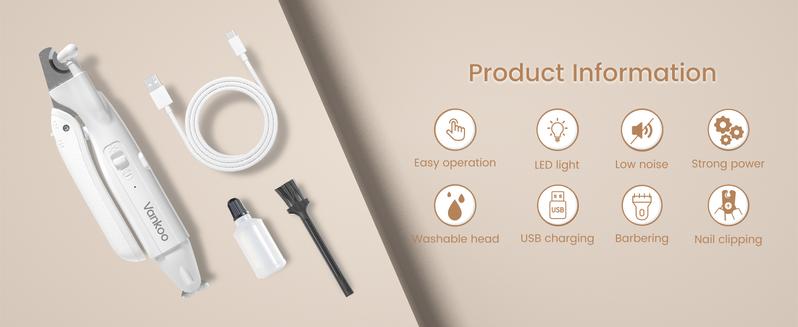 Vankoo 2-in-1 Dog Nail Clipper & Paw Hair Trimmer Kit with LED Light, Pet Paw Trimmer Rechargeable & Waterproof – Small Dog Grooming Clippers– Safe for Dogs & Cats low noise pet shaver Christmas Gift