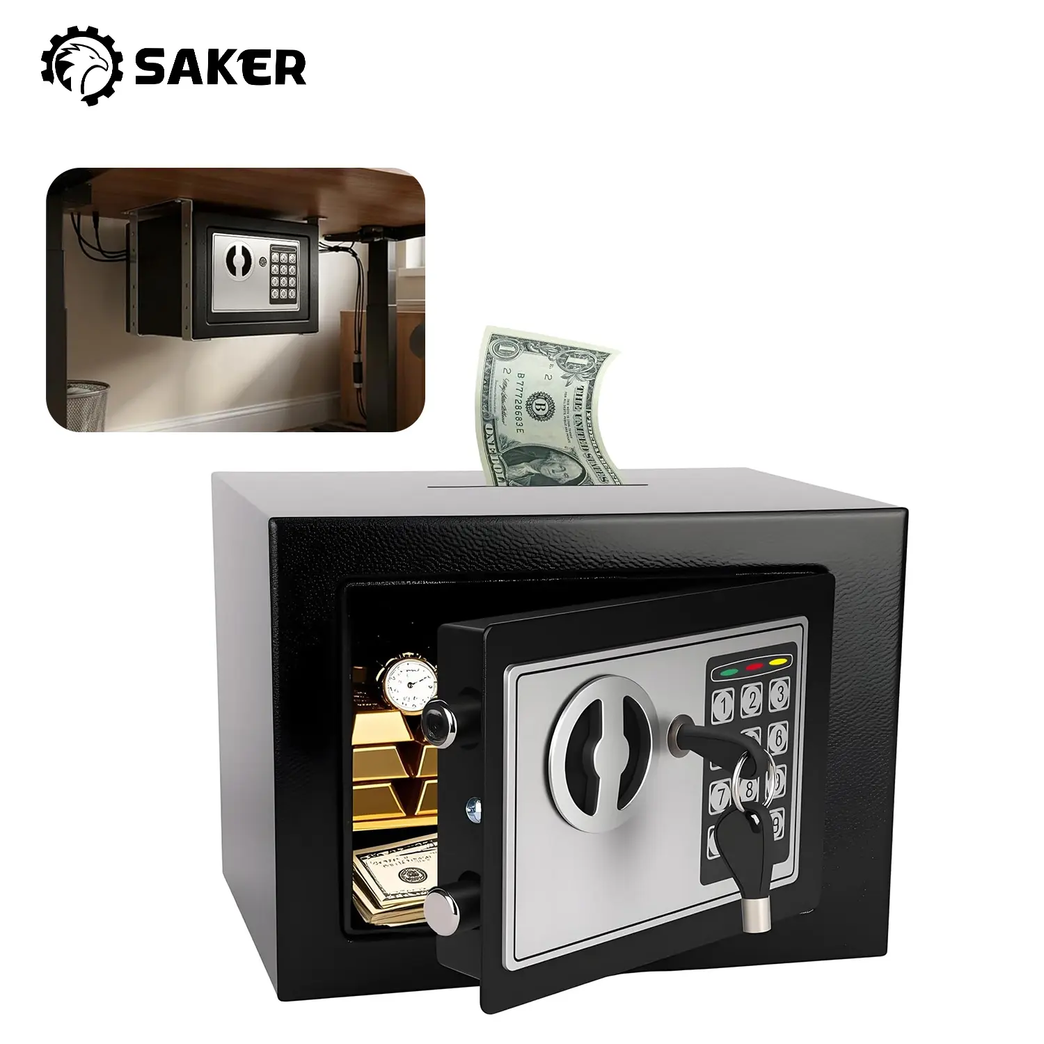 Saker Money Safe Box for Home with Sensor Light & Fireproof Money Bag– 0.23 Cubic Foot Electronic Lock Safe (Black); suitable for homes, offices, and hotels for storing coins, jewelry, and valuables.