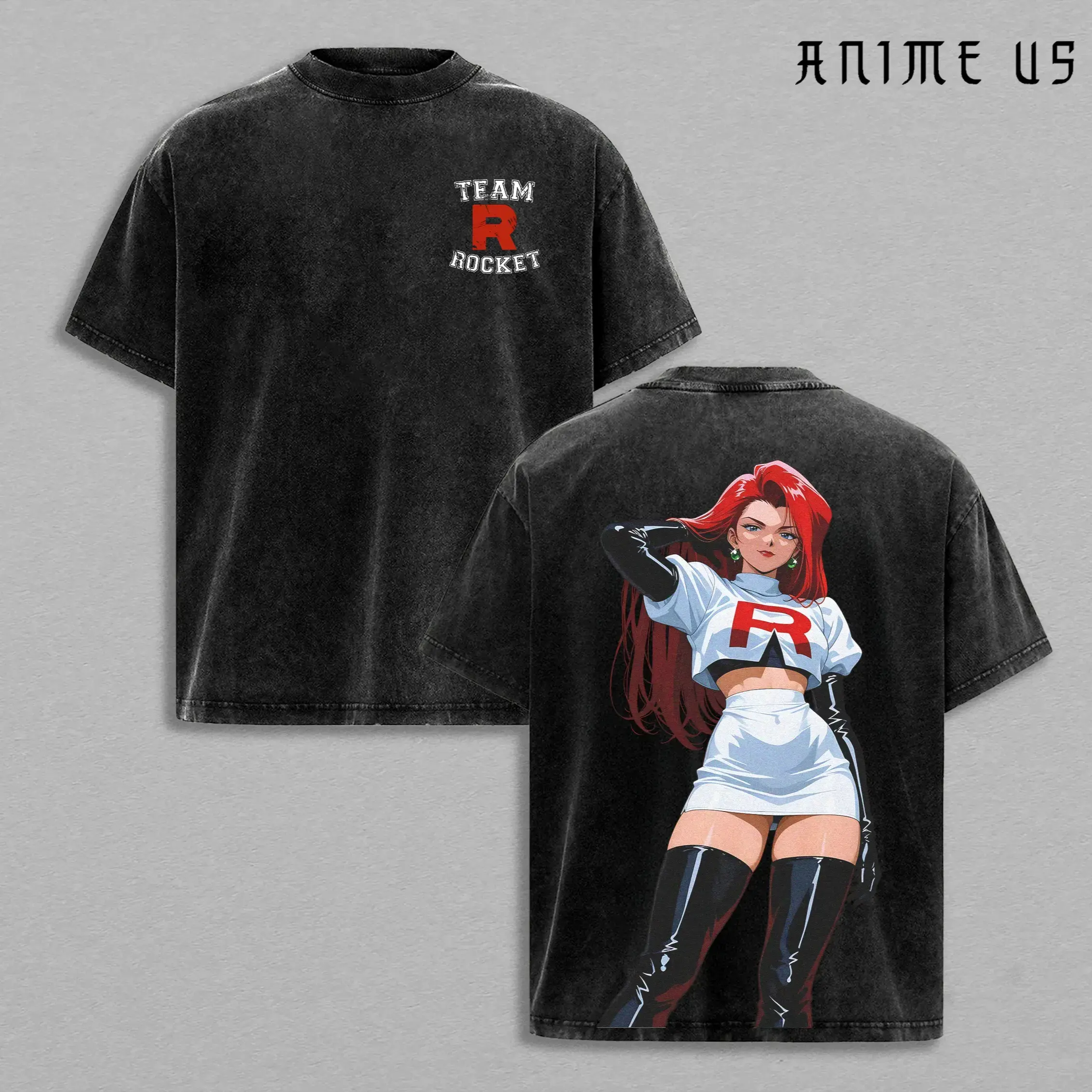 Team Rocket Jessie V2 Vintage Washed Heavy Cotton Oversized Round Neck Short-Sleeve Menswear T-Shirt - Double Printed 90s Retro Kanto Villains Anime Manga Graphic Tee, Classic Casual Otaku Cosplay Gift Apparel