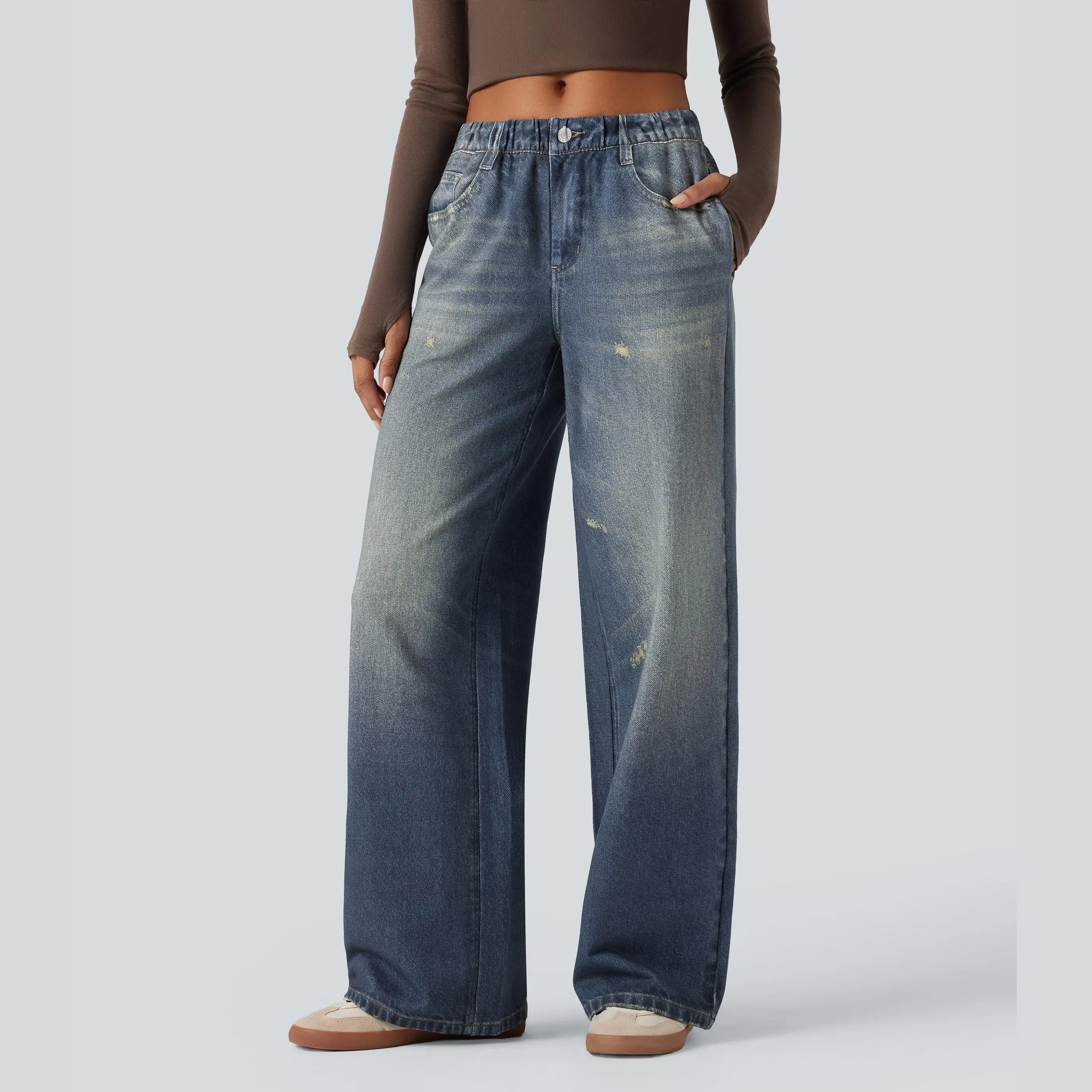 Mid Rise Denim Print French Casual Sweatpants Jeans with Pockets