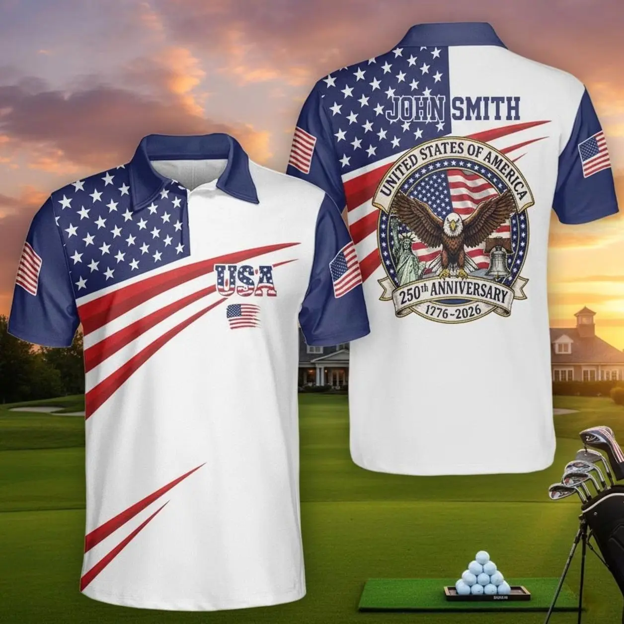 Men's Unisex Patriotic-Themed Polo Shirt - 250th Anniversary USA Custom Name, Eagle Flag Golf Shirt for Dad, 4th July Gift, S-5XL RW8, Patriotic-Themed Polo Shirts