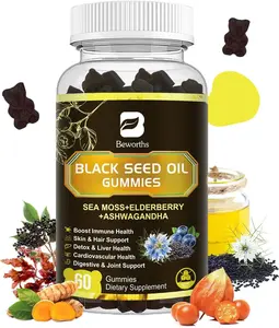 Black Seed Oil & Sea Moss Gummies | Black Cumin Seed Gummy with Ashwagandha, Irish Sea Moss, Elderberry, Turmeric, Vitamin D3, C, Zinc - Support Immunity, Joints, Digestion, Hair Growth