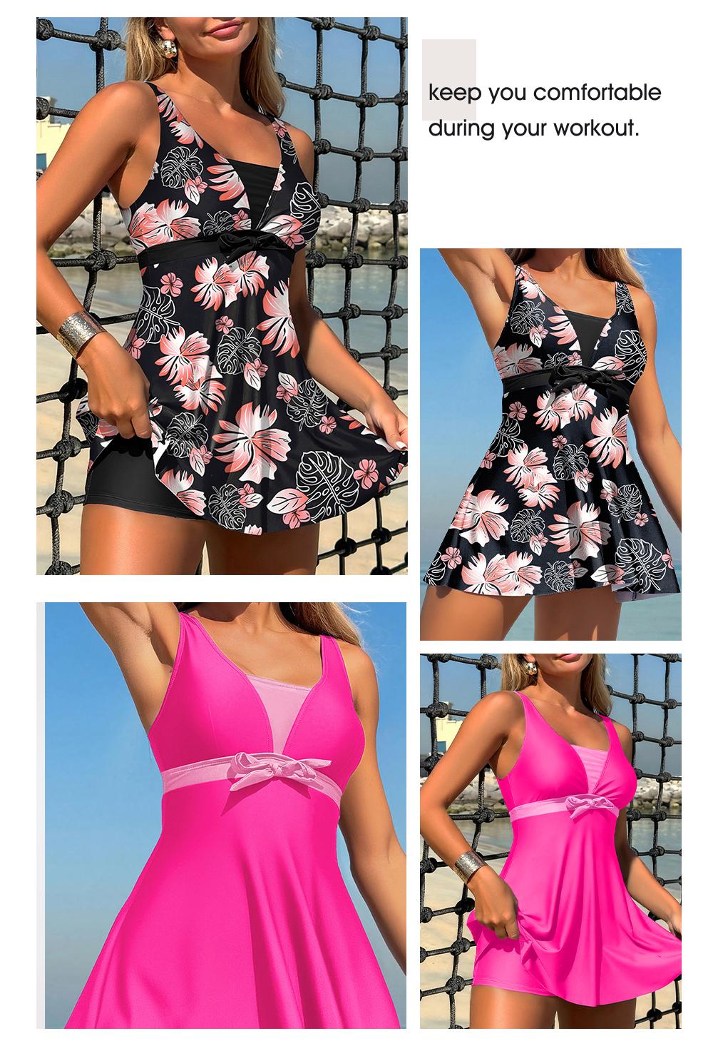 Aleumdr Women's Printed Two Piece Tankini Swimsuits Tummy Control Swim Dress High Waisted Boyshort with Pockets Soft Nylon Spandex Blend Adjustable Straps