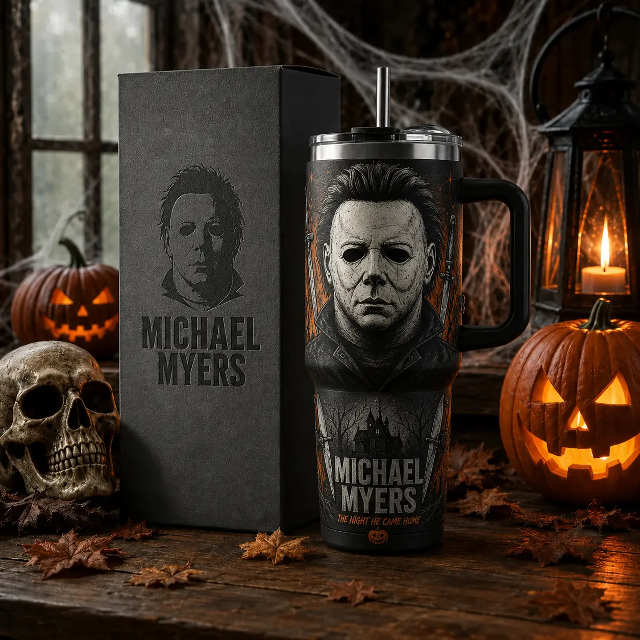 Michael Myers Halloween 40oz Stainless Steel Tumbler with Handle and Straw, Double-Wall Insulated Horror Travel Mug with Gift Box, Reusable Coffee Cup, Horror Fan Gift
