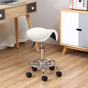 KKTONER Saddle Stool with Foot Rest PU Leather Swivel Adjustable Rolling Stool with Wheels Facial Salon Chair (White)