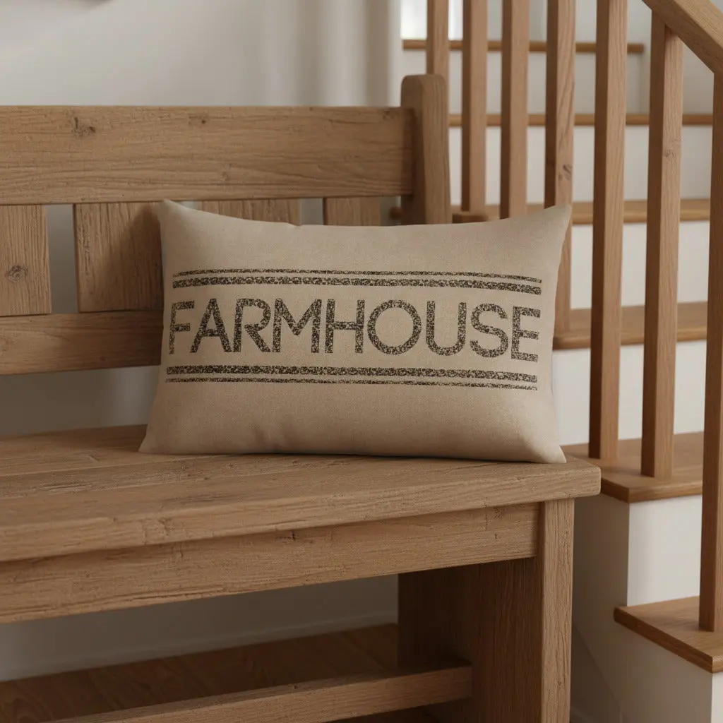 Farmstead Charcoal Farmhouse Pillow, Cotton Shell with Grain Sack Stripes, Country Charm Accent for Room Decor, House Decor