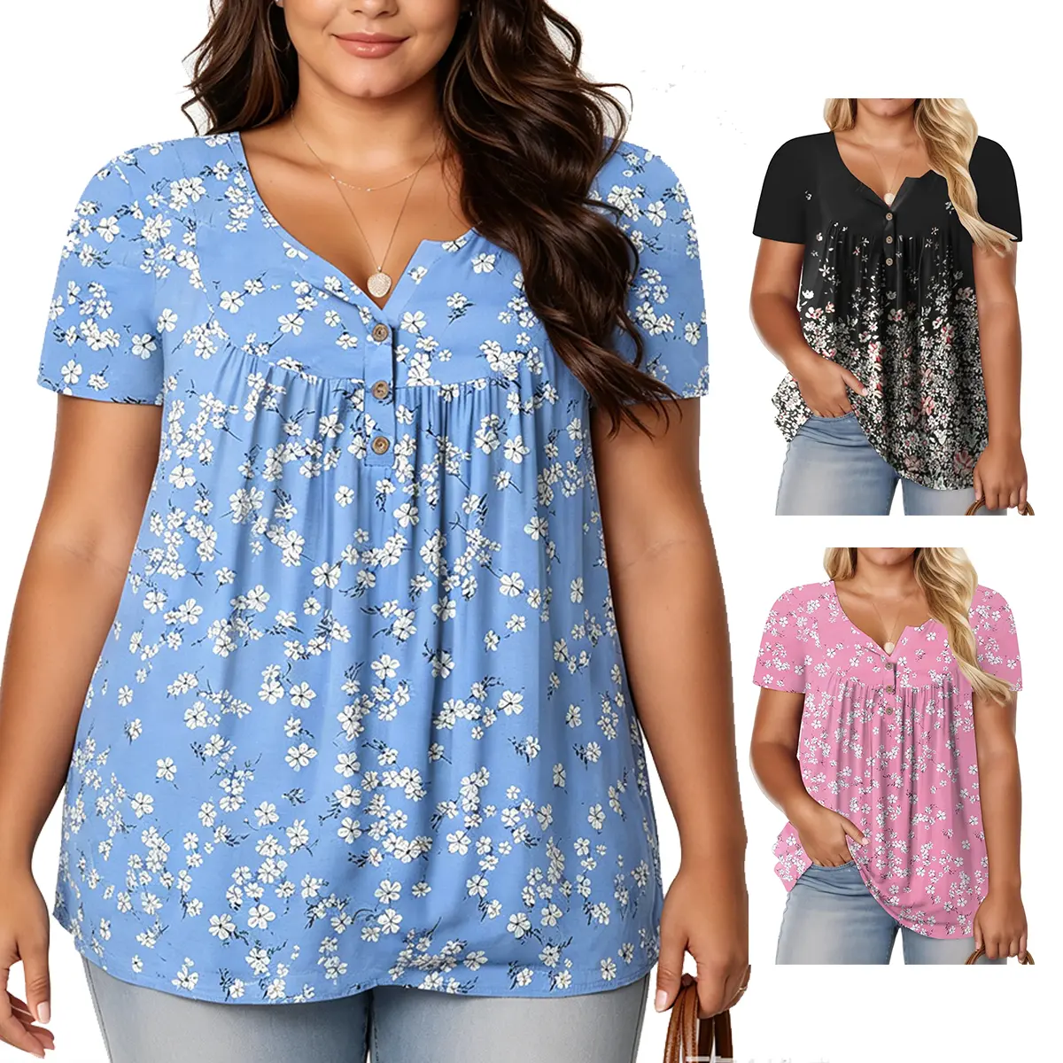 Women’s Plus Size Henley Shirts V Neck Button Up Pleated Tunic Tops Floral Print Casual Summer Blouses XL-5XL RPS2060 tshirt