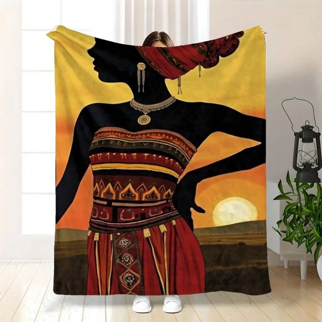 Boldly Colored African Tribal Woman Silhouette Sunset Throw Blanket
