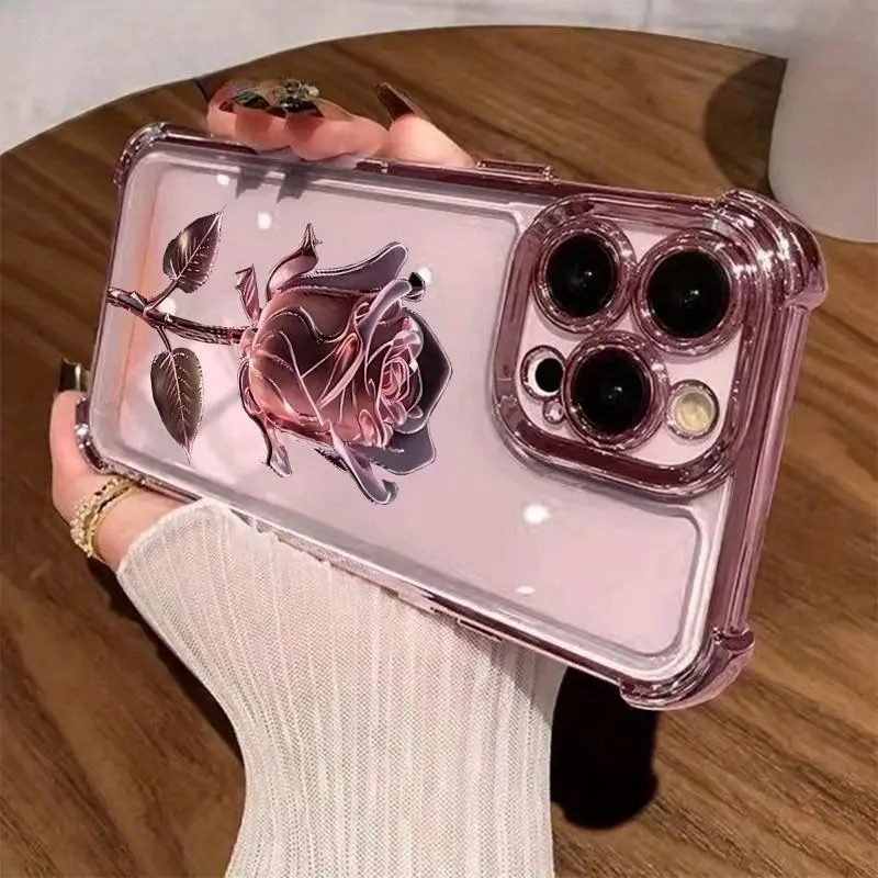 Pink rose electroplated pattern, drop-proof and non-slip TPU phone case, compatible with Phone 17 Air, 16 Pro Max, 15 Plus, 14, 13, 12, 11. A unique phone case that can be given as a gift to boys or girls.QXA827 i̇phone  pro  max  cases