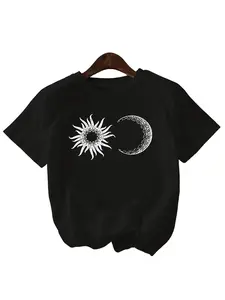 Women's Casual Sports T-Shirt - Cotton Breathable Lightweight Fabric with Sun & Moon Pattern Short Sleeve Round Neck Machine Washable Comfortable for Daily Sports Outdoor Wear Tops Womenswear