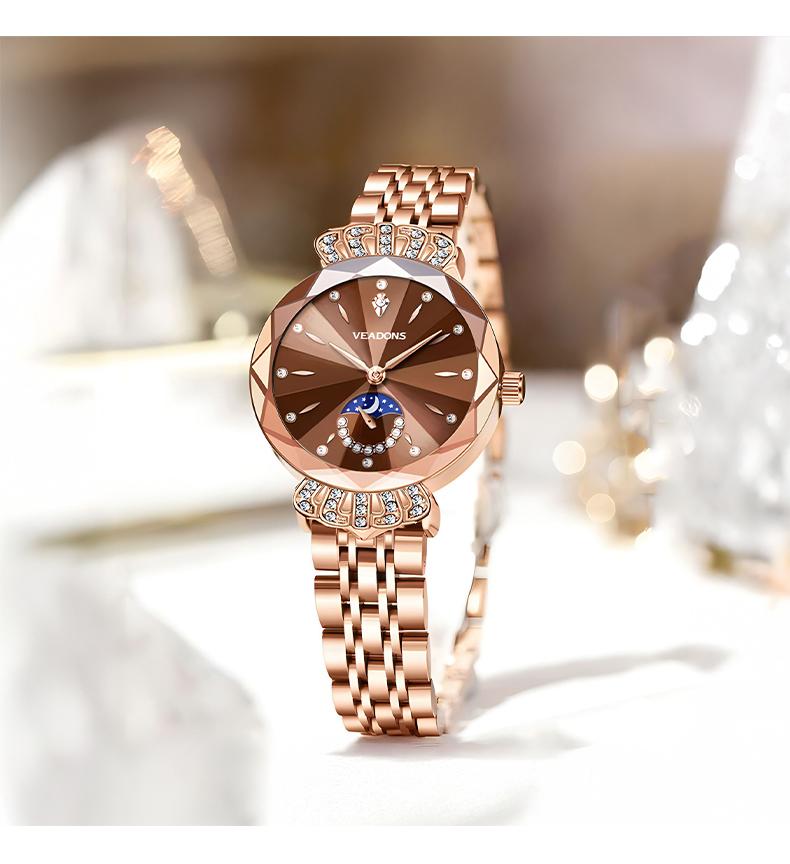VEADONS Luxury Women's Jewelry Watch Diamond Cut Crystal Stainless Steel Case Water Resistant Moon Star Sun Design Elegant Wristwatch Perfect Gift for Her