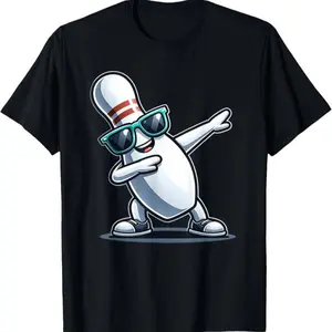 Cool Dab Bowling Pin Graphic Cotton Short Sleeve T-Shirt | Round Neck Unisex Tops Tees T-Shirts