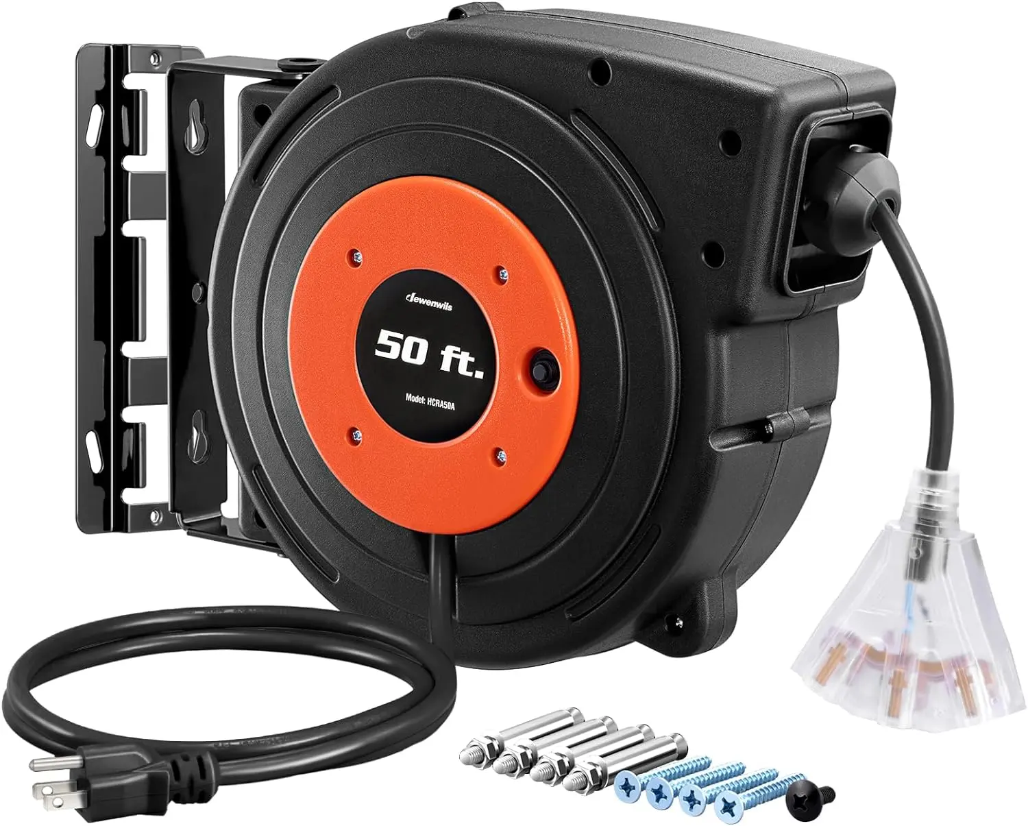 DEWENWILS Retractable Extension Cord Reel, 50 FT Heavy Duty 14AWG/3C SJTOW Power Cable for Garage, Wall/Ceiling Mountable Wire Management with 3 Lighted Outlets & 13A Circuit Breaker, Workshop, Indoor Dry